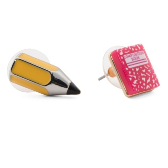 🔹️Betsey Johnson 🔹️Yellow Pencil and Pink Mismatch Composition Book Earrings - Picture 1 of 1